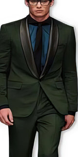 Alberto Nardoni Olive ~ Dark Green Shawl Collar Wool Tuxedo Vested 3PC Suit Black Lapel