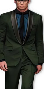 Alberto Nardoni Olive ~ Dark Green Shawl Collar Wool Tuxedo Vested 3PC Suit Black Lapel