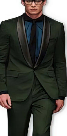 Alberto Nardoni Olive ~ Dark Green Shawl Collar Wool Tuxedo Vested 3PC Suit Black Lapel