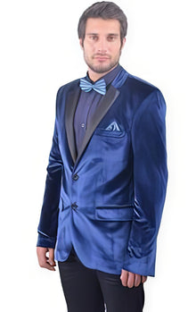 Velvet Blazer - Mens Velvet Jacket Mens Navy ~ Midnight Blue Fitted Velvet With Tuxedo Satin Lapel