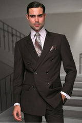 Men's Designer Double Breasted Wool Suit in Brown Modern Fit