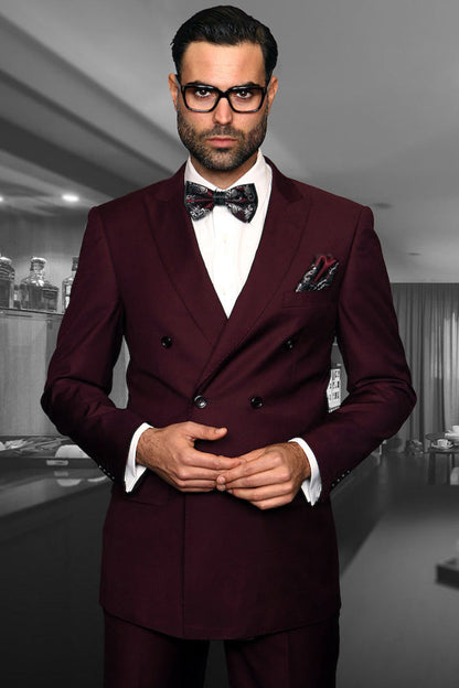 Men's Designer Double Breasted Wool Suit in Burgundy Modern Fit