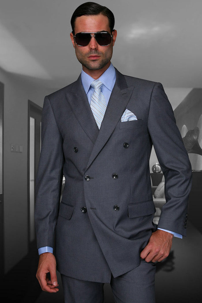 Men’s Charcoal Grey Double Breasted Wool Suit, Designer Formal Wedding Business Dress Suit Set Modern Fit