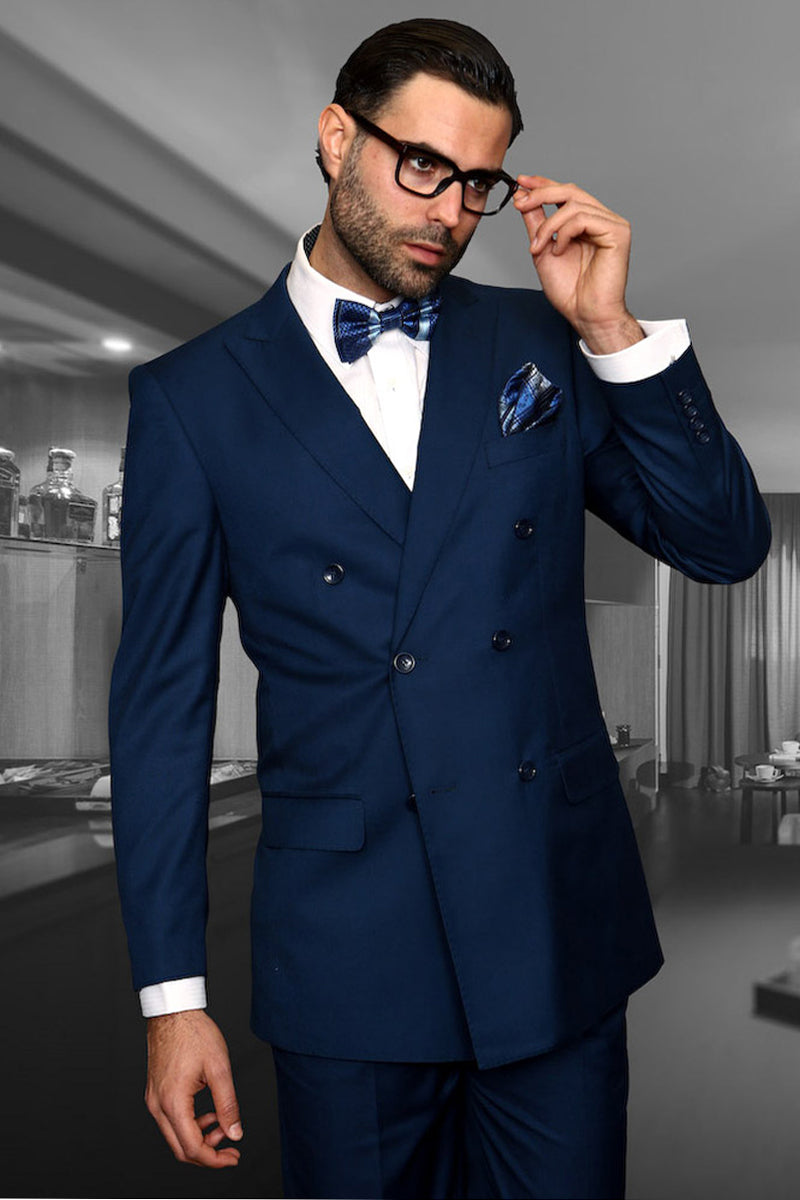 Men's Designer Double Breasted Wool Suit in Sapphire Blue Modern Fit