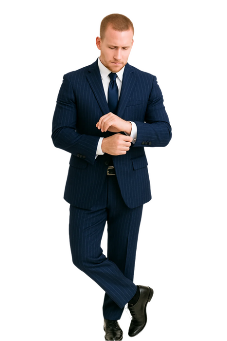 Dark Navy Wide Pinstripe 2 Button Men's Suit - Dark Blue Suit
