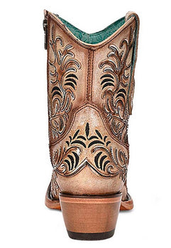 Tan Ankle Booties with Dark Embroidery and Mirrored Overlay and Toe Design