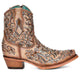 Tan Ankle Booties with Dark Embroidery and Mirrored Overlay and Toe Design