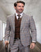 Tan Plaid Suit - Camel Khaki Color Windowpane Pattern Suit - Wool Suit - Double Breasted Vest Peak Lapel Side Vented Modern Fit