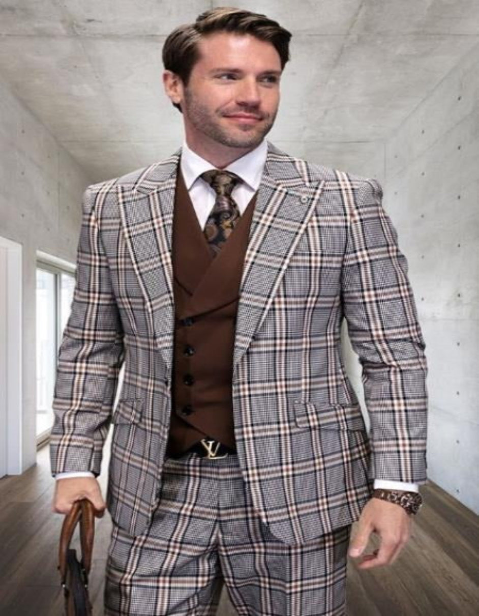 Tan Plaid Suit - Camel Khaki Color Windowpane Pattern Suits - Wool Sui ...