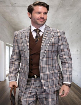Tan Plaid Suit - Camel Khaki Color Windowpane Pattern Suits - Wool Suits - Double Breasted Vest Peak Lapel Side Vented Modern Fit