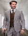 Tan Plaid Suit - Camel Khaki Color Windowpane Pattern Suits - Wool Suits - Double Breasted Vest Peak Lapel Side Vented Modern Fit