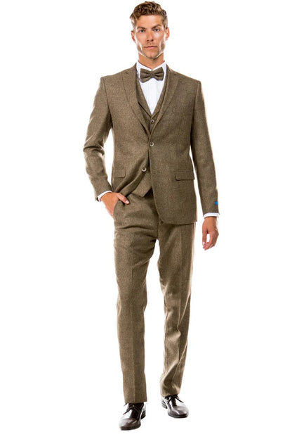 Cheap priced Suit- Men's Two Button Vested Vintage Style Tweed Wedding Tan Suit - Image 2