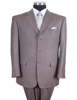 Three Button Suit - Classic Fit Pleated Pants - Mens Classic Fit 3 Button Banker Tan Pinstripe Suit