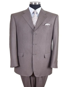 Three Button Suit - Classic Fit Pleated Pants - Mens Classic Fit 3 Button Banker Tan Pinstripe Suit