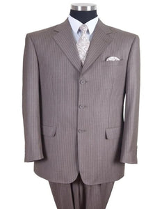 Three Button Suit - Classic Fit Pleated Pants - Mens Classic Fit 3 Button Banker Tan Pinstripe Suit