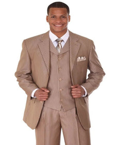 Three Button Suit - Classic Fit Pleated Pants - Mens 3 Button Vested Shiny Sharkskin Narrow Tan Pinstripe Suit