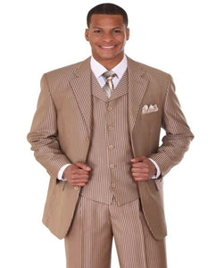 Three Button Suit - Classic Fit Pleated Pants - Mens 3 Button Vested Shiny Sharkskin Narrow Tan Pinstripe Suit