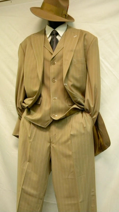 Mens Brown Pinstripe Zoot Suit – 1920s Gangster Vintage 3-Piece Suit with Wide-Leg Pants and Fedora Look - Three Buttons - Image 2