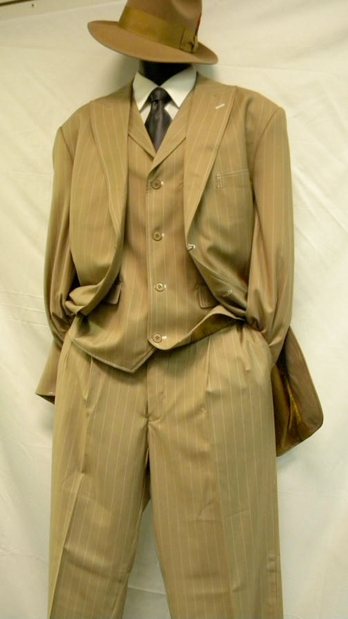 Mens Brown Pinstripe Zoot Suit – 1920s Gangster Vintage 3-Piece Suit with Wide-Leg Pants and Fedora Look - Three Buttons - Image 2