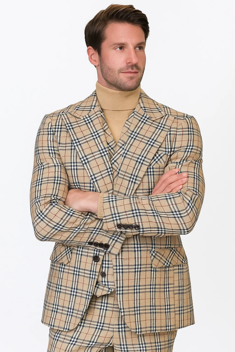 Tan Plaid Suit - Camel Khaki Tan Beige Color 