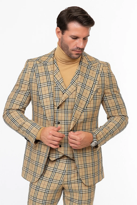 Tan Plaid Suit - Camel Khaki Tan Beige Color 