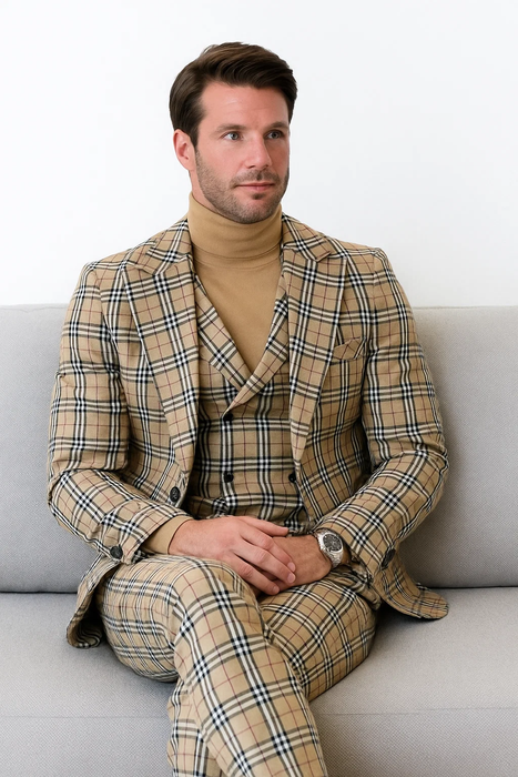 Tan Plaid Suit - Camel Khaki Tan Beige Color 