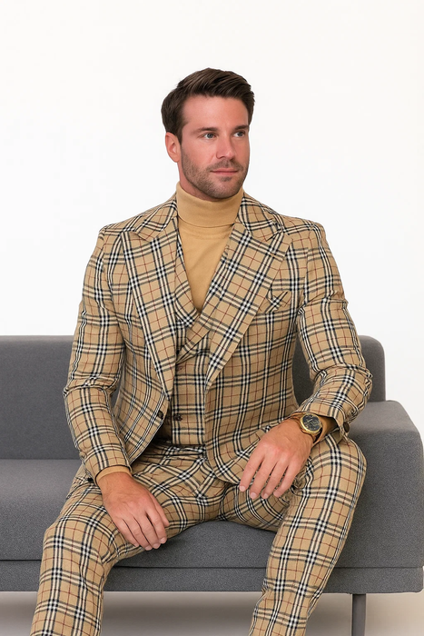 Tan Plaid Suit - Camel Khaki Tan Beige Color 