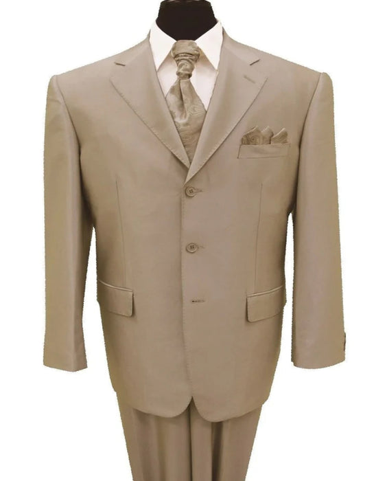 Three Button Suit - Classic Fit Pleated Pants - Mens Classic Fit 3 Button Shiny Tan Sharkskin Suit