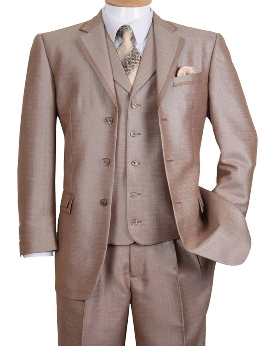 Three Button Suit - Classic Fit Pleated Pants - Mens 3 Button Vested Textured Shiny Sharkskin  Tan Church Suit