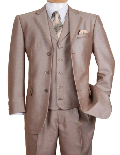 Three Button Suit - Classic Fit Pleated Pants - Mens 3 Button Vested Textured Shiny Sharkskin  Tan Church Suit