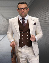 Mens Italian Wool Suit Tan Color - Men's Designer Wool Vested Windowpane Tan Peak Lapel Suit