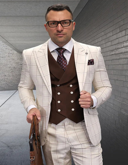 Mens Italian Wool Suit Tan Color - Men's Designer Wool Vested Windowpane Tan Peak Lapel Suit