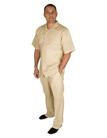 Men's Taupe Short Sleeve Button Closure 100% Linen 2 Piece With Pleated Pant Shirt