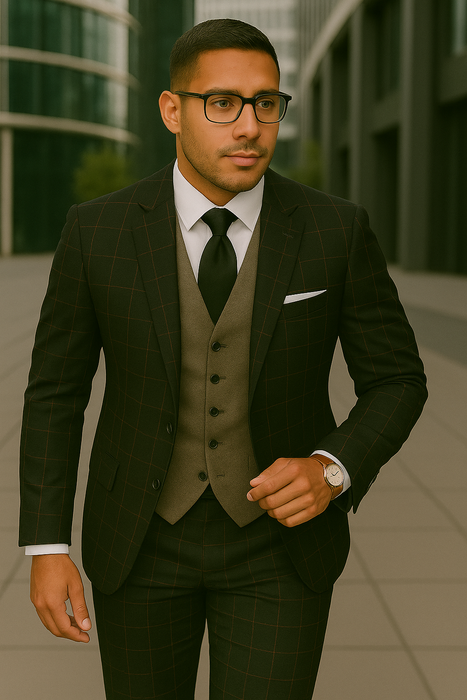 Wool Suit - Italian Made Business Suit by Statement Men's 3 Piece 100% Wool Modern Fit Suit - Bold Accent Color
