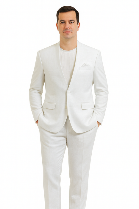 Mens Two Piece Linen Suit Relaxed Hybrid Fit No Collar