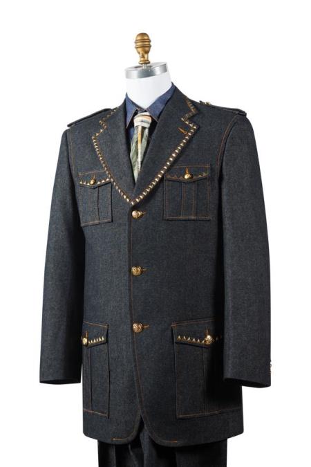 Men's Naval Style Brass Accent Black Flap Pocket Zoot Set