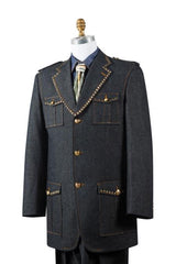 Men's Naval Style Brass Accent Black Flap Pocket Zoot Set