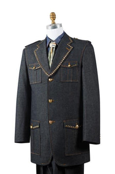 Men's Naval Style Brass Accent Black Flap Pocket Zoot Set