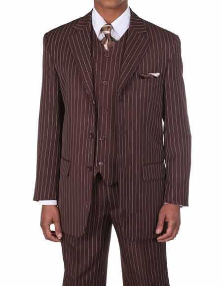 Men's Brown/White 1920's 30's Fashion Look Available in 2 or Three ~ 3 Buttons Vested Pinstripe ~ Stripe 3 Piece With Vest Bold Chalk Stripe Suit