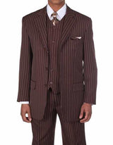 Men's Brown/White 1920's 30's Fashion Look Available in 2 or Three ~ 3 Buttons Vested Pinstripe ~ Stripe 3 Piece With Vest Bold Chalk Stripe Suit
