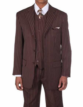 Men's Brown/White 1920's 30's Fashion Look Available in 2 or Three ~ 3 Buttons Vested Pinstripe ~ Stripe 3 Piece With Vest Bold Chalk Stripe Suit