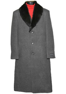 Men's Dress Coat (Removable ) Fur Collar 3 Button Charcoal Grey Full Length Overcoat ~ Long Men's Dress Topcoat - Winter coat full length Fabric Also