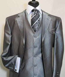 Men's Three Button  Vested Suit Jacket With Flap Pocket Silver Grey