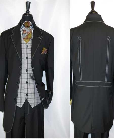 Black Suit Gray Vest Mens Grey Trimmed 3 Button  Vest Belted Back Black Three Buttons Style suit