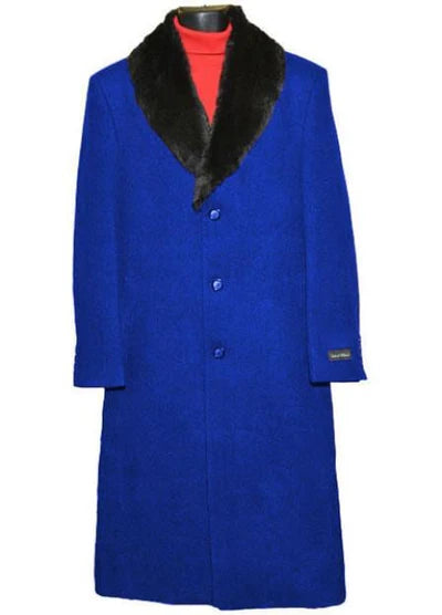 Men's Dress Coat Royal Blue 3 Button (Removable ) Fur Collar  Full Length Overcoat ~ Long Men's Dress Topcoat -  Winter coat full length Fabric Also