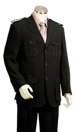 Men's High Fashion 3 Button Black Safari Military Style Zoot Suit