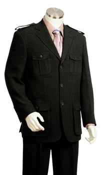 Men's High Fashion 3 Button Black Safari Military Style Zoot Suit