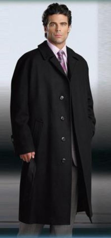 Men's Dress Coat 3 Button Jet Black Full Length Wool and Cashmere Men