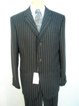 Stripe ~ Pinstripe Three ~ 3 Buttons Jet Black Chalk Super 120'S Worsted Super Fine Poly~rayon