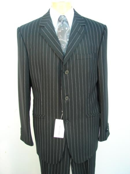 Stripe ~ Pinstripe Three ~ 3 Buttons Jet Black Chalk Super 120'S Worsted Super Fine Poly~rayon